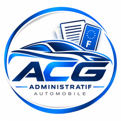 Logo AutoCarteGrise (ACG), voiture stylisée et carte d'immatriculation européenne